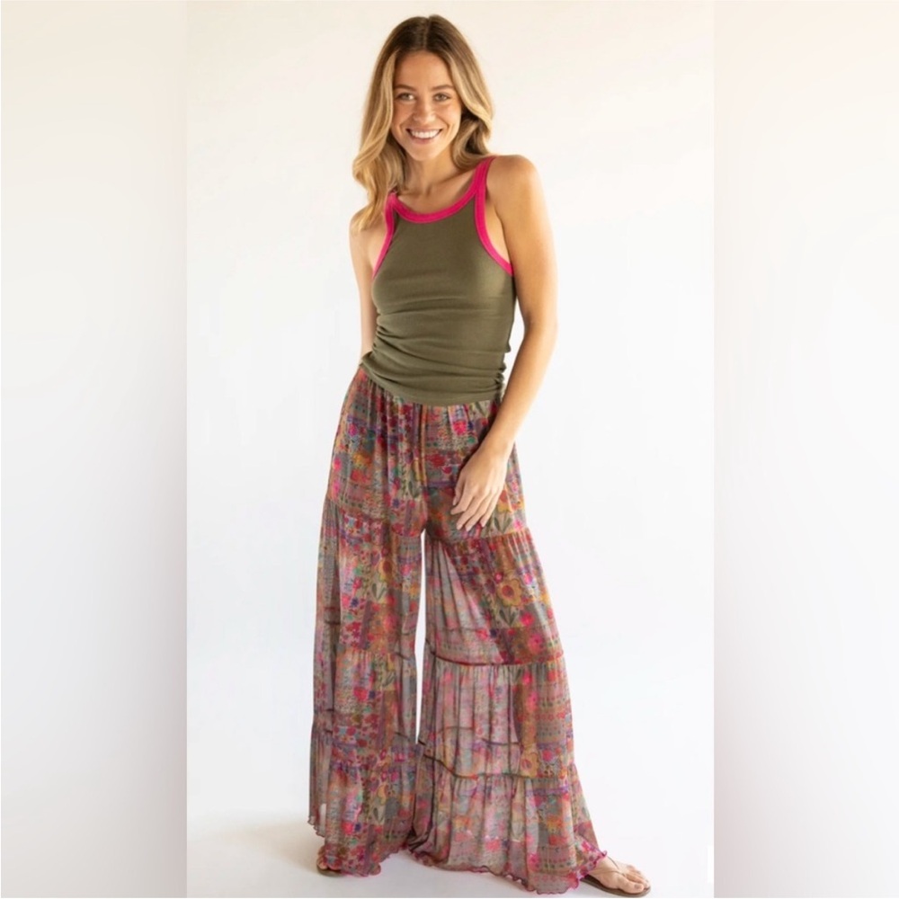 Natural Life Patti Palazzo Pant Mesh Pants - Pink Floral Patchwork Size Medium M